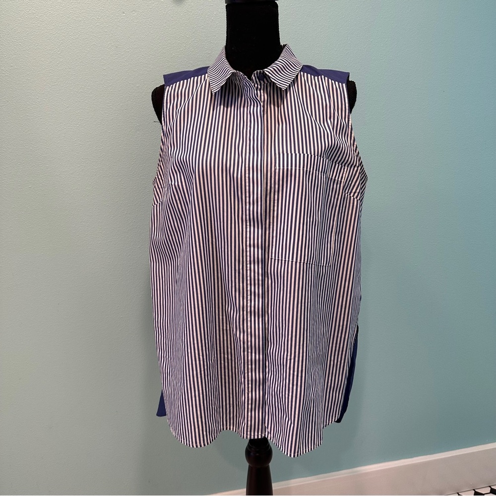 Halogen Striped Sleeveless Button-Up Blouse with back button accents